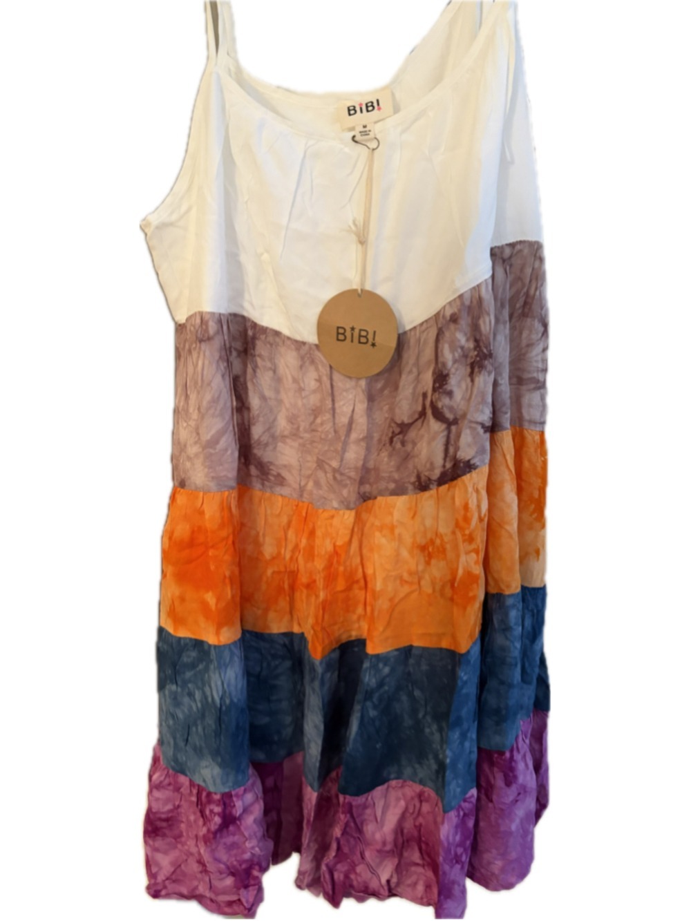 BiB! Midi Dress Size M White Multi-color Tie-Dye Tiered